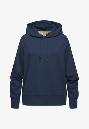Sudadera con capucha de color azul marino hecha de tejido suave, que cuenta con un bolsillo tipo canguro, cordones y puños de canalé para un ajuste cómodo.