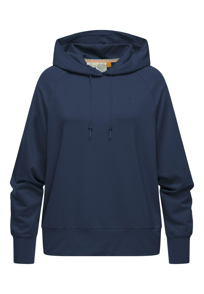 Navy blue hooded sweatshirt made of soft fabric, featuring a kangaroo pocket, drawstrings, and ribbed cuffs for a comfortable fit.