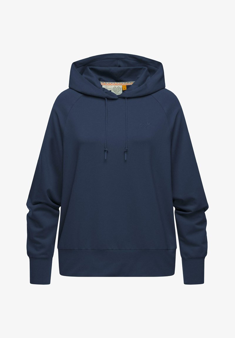 Mörkblå hoodie i mjukt tyg, med en känguruficka, dragskor och ribbade muddarna för en bekväm passform.