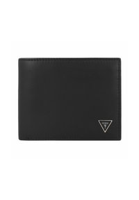 Portafoglio in pelle nera con texture liscia, forma rettangolare, bordi cuciti e un piccolo logo triangolare argento nell'angolo in basso a destra.