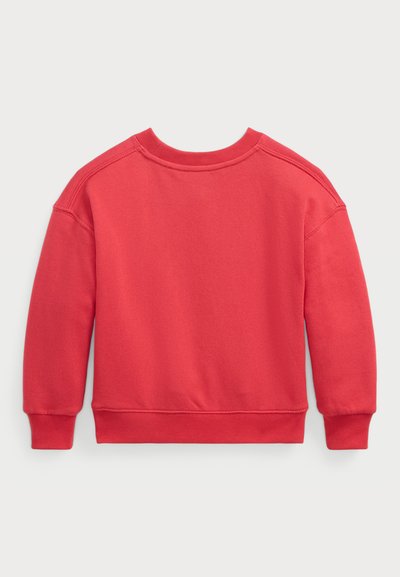 Červená bavlnená mikina so širokým výstrihom, dlhými rukávmi a rebrovanými manžetami. Hladká textúra bez viditeľných vzorov alebo grafiky.