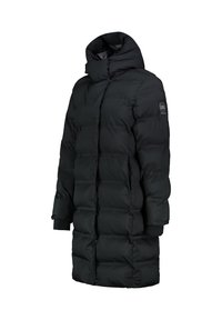 Schwarze Puffjacke mit hohem Kragen, langer Silhouette und gestepptem Material. Verfügt über ein Logopatch und gerippte Bündchen für zusätzliche Wärme.