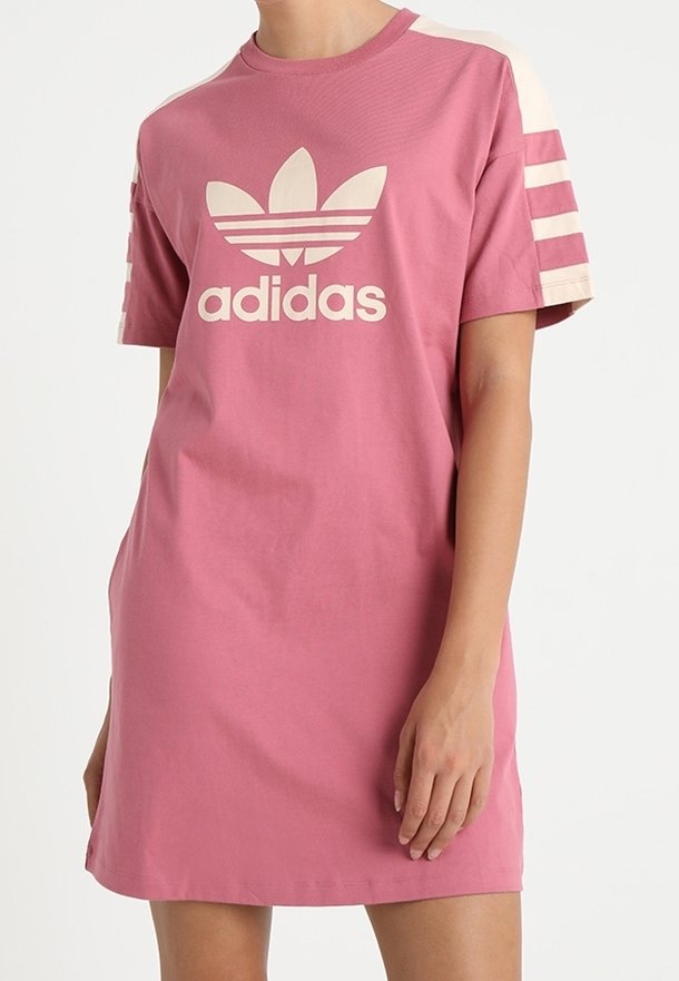 Pink short-sleeve dress made of cotton, featuring an outlined white Adidas logo and three white stripes on each shoulder.