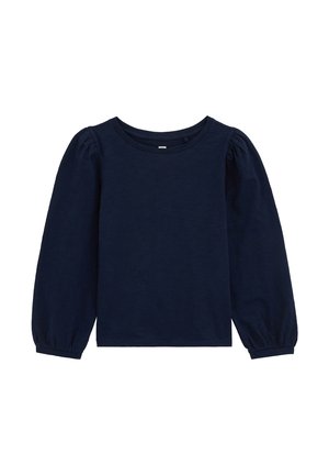 Chemise bleu marine à manches longues avec manches bouffantes et col rond, design simple, présentée sur fond blanc.