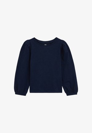 Chemise bleu marine à manches longues avec manches bouffantes et col rond, design simple, présentée sur fond blanc.