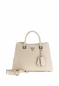 Borsa sintetica beige con forma strutturata, motivo logo in rilievo, doppio manico, tracolla staccabile e dettaglio con etichetta appesa.