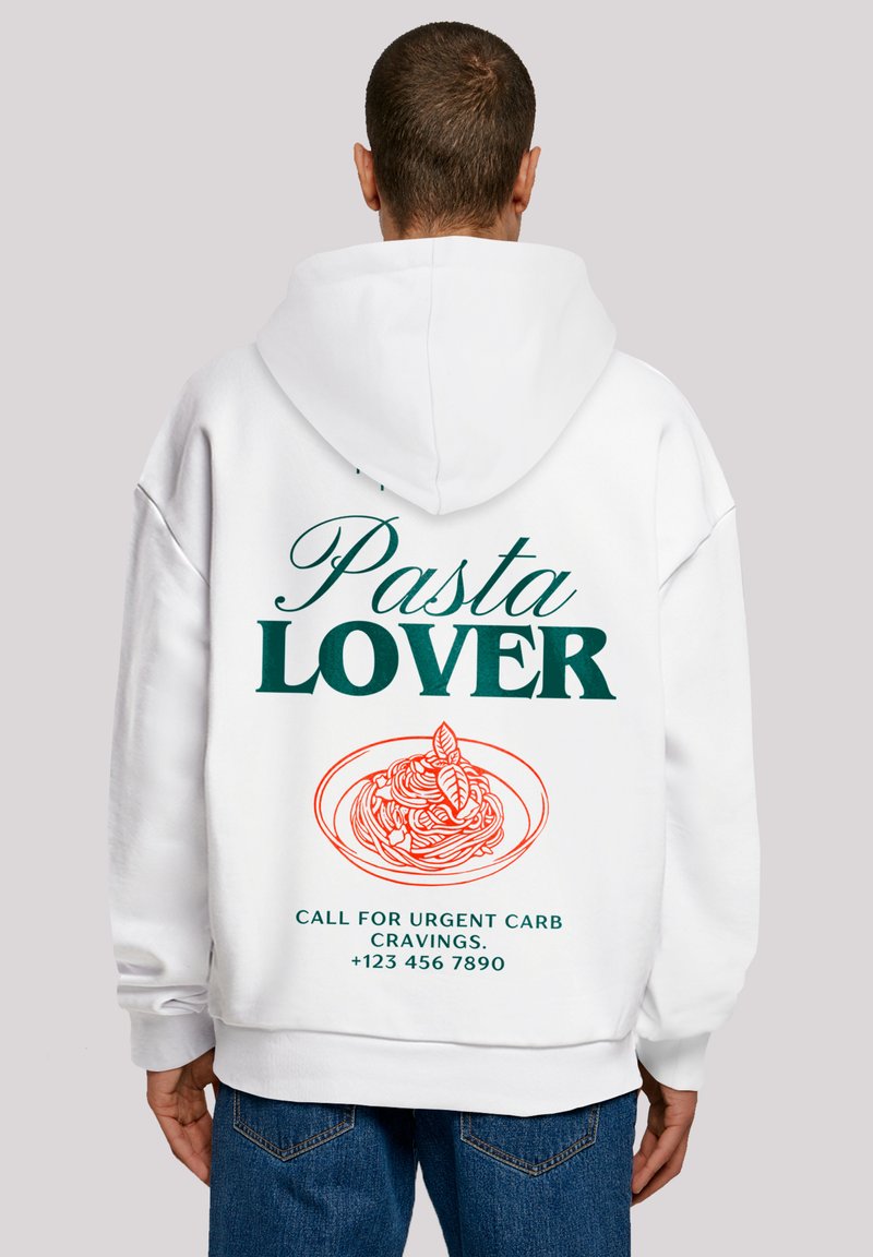 White hoodie featuring a large graphic on the back that reads "Pasta Lover" in green text, with a red illustration of pasta and contact information.