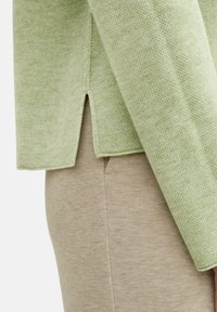 Hellgrüner, gestrickter Pullover mit leicht strukturiertem Finish und seitlichen Schlitzen, kombiniert mit beigen gemusterten Hosen.