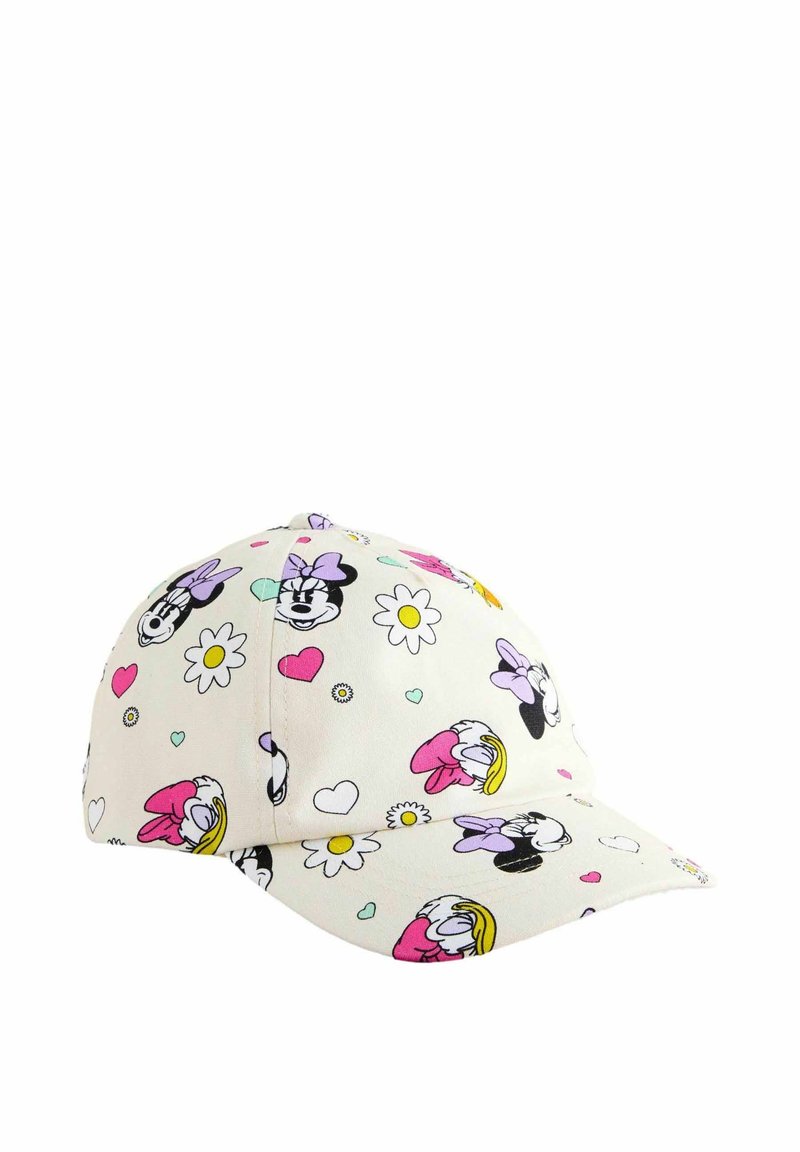 Weißer Baseballcap mit einem bunten Muster aus Cartoonfiguren, Blumen und Herzen. Hergestellt aus Stoff, hat er einen gebogenen Schirm und gestickte Details.