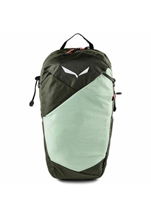 Sac à dos bicolore vert avec une poignée supérieure, plusieurs fermetures éclair et un logo blanc stylisé près du centre supérieur.