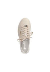 Beige sneaker with a smooth leather upper and textured accents, featuring round toe, lace-up front, and logo on the insole.