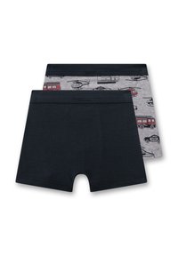 Two pairs of boys' boxers: one in solid navy blue, the other in light gray with black vehicle prints, featuring elastic waistbands.