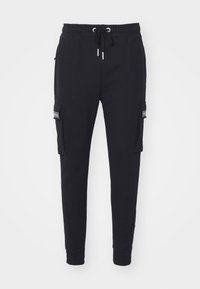 Zwarte joggingsbroek van zachte stof, met een elastische tailleband met koord, zij vakken en aansluitende boorden.