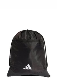 Čierny batoh so sťahovacou šnúrkou z hladkej látky, s predným vreckom na zips a bielym logom v dolnom rohu.