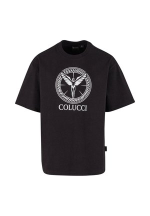 Black short-sleeve T-shirt with a white winged figure logo inside a circular rope design and the text "COLUCCI" below.