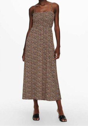 Robe maxi avec un corsage ajusté, des fines bretelles et un imprimé floral marron, orange et crème. Tissu léger avec une texture douce.