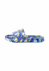 Sandal i slide-modell med blå bas, prydd med ett bubbelmönster i olika färger och en bred rem för stöd. Tillverkad av flexibelt material.