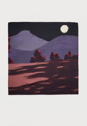 Silk scarf featuring a night landscape with mountains, a full moon, dark purple and pink hues, and red-accented trees. Lacoste logo in corner.