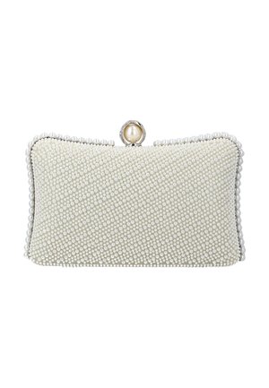 Pochette blanche rectangulaire couverte de petites perles, encadrée de perles plus grosses, avec un fermoir rond en perle au centre supérieur.