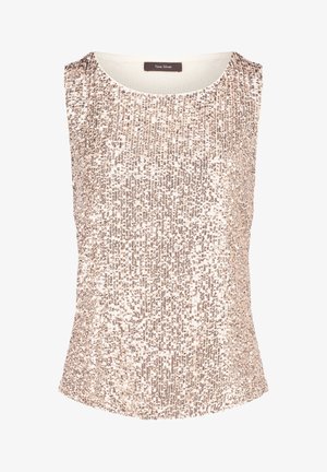 Mouwloos top met een ronde halslijn, voorzien van een glinsterend paillettenontwerp in tinten goud en beige, wat een gestructureerd, reflecterend oppervlak creëert.