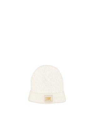 Bonnet blanc en maille avec un revers et un petit écusson de la marque Leone, présenté sur un fond blanc uni.