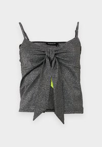 Λαμπερό ασημένιο-γκρι αμάνικο crop top με λεπτές τιράντες και μεγάλο κόμπο μπροστά, δεμένο στο κέντρο.