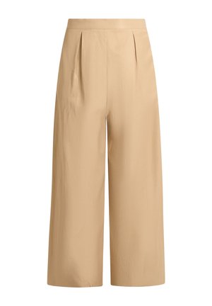 Pantaloni beige a gamba larga corta con vita alta e pieghe frontali, realizzati in tessuto liscio.