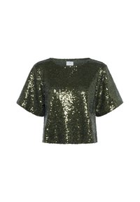 Korte mouwen cropped top bedekt met donkergroene pailletten, met een ronde halslijn en een rechte zoom.