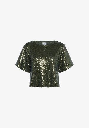 Kurzärmliges, cropped Top, das mit dunkelgrünen Pailletten bedeckt ist, mit einem runden Ausschnitt und einem geraden Saum.