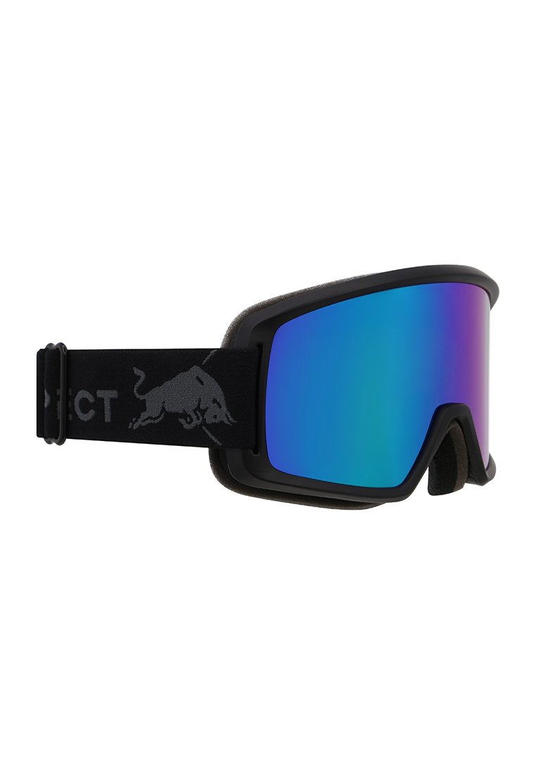 Lunettes de ski noires avec un large verre miroir bleu, un rembourrage en mousse douce et une sangle noire ajustable avec un détail de logo gris.