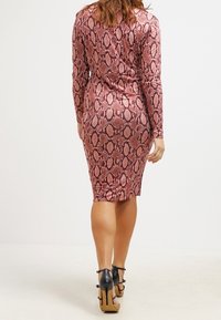 Úzké dlouhé šaty z růžového hadího vzoru. Délka po kolena, s vytaženým siluetem a zvýrazněnými bočními švy. Černé lodičky na vysokém podpatku.