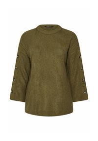 Oliwkowy sweter dziany z okrągłym dekoltem, rękawami do łokcia i guzikami ozdobnymi na rękawach. Teksturowany materiał.