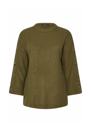 Olive green knitted sweater with a round neckline, three-quarter sleeves, and button accents along the sleeves. Textured fabric.