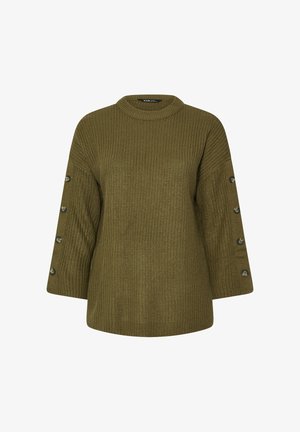 Olive green knitted sweater with a round neckline, three-quarter sleeves, and button accents along the sleeves. Textured fabric.