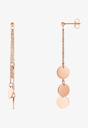 Kolczyki łańcuszkowe w kolorze różowego złota z trzema polerowanymi okrągłymi dyskami wiszącymi na delikatnym łańcuszku, z zapięciem na sztyft.