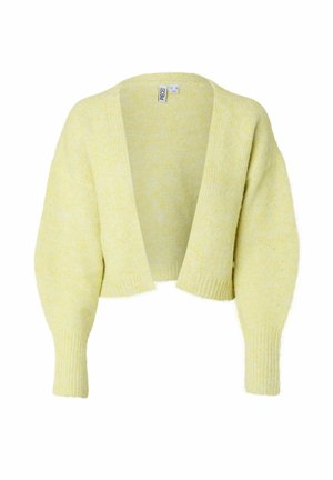 Blød gul cropped cardigan med lange, let puffede ærmer og åbent front, lavet af et blødt, pelset strikstof.