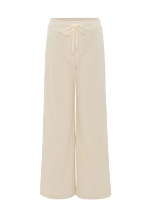 Beige wide-leg pants made from soft fabric, featuring an elastic waistband with a drawstring, offering a comfortable and relaxed fit.
