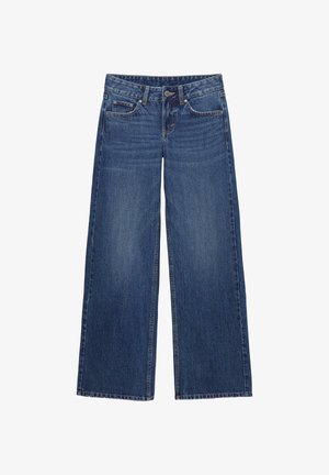 Széles lábú kék farmernadrág klasszikus öt zsebes dizájnnal, gombos záródással és enyhe kopással az anyagon.