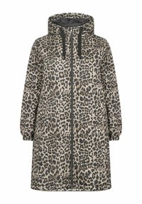 Manteau matelassé imprimé léopard avec capuche, doté d'une fermeture éclair à l'avant, de poignets élastiques et d'une coupe mi-longue. Les couleurs incluent beige, noir et marron.