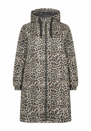 Manteau matelassé imprimé léopard avec capuche, doté d'une fermeture éclair à l'avant, de poignets élastiques et d'une coupe mi-longue. Les couleurs incluent beige, noir et marron.