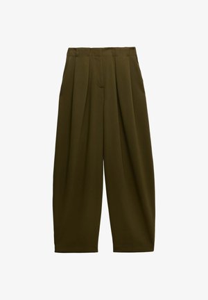 Olijfgroene broek met wijde pijpen, voorplooien, ceintuurlussen, zijzakken en een hoge taille.