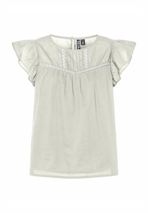 Lys grå kortermet bluse med volangerm, rynket midje og dekorativ broderi over fronten. Myk tekstur.