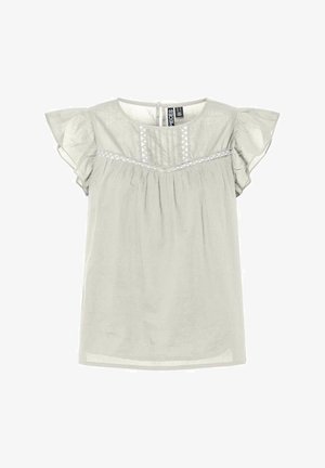 Lys grå kortermet bluse med volangerm, rynket midje og dekorativ broderi over fronten. Myk tekstur.