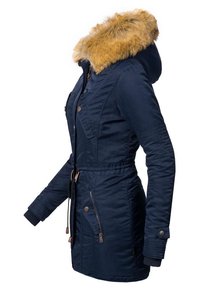 Navy blue parka jacket featuring a faux fur hood, cinched waist, zip and button pockets, and ribbed cuffs. Smooth fabric with slight sheen.
