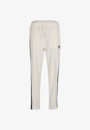 Kremfargede joggebukser med snøring i livet, sidelommer og kontrasterende svarte side-striper. Laget av myk, teksturert stoff.