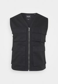 Czarna bezrękawnik wykonany z trwałej tkaniny, z przednim suwakiem, wieloma dużymi kieszeniami oraz minimalistycznym designem bez zdobień.