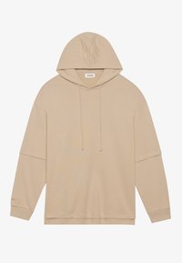 Beige hooded sweatshirt made of soft fabric, featuring a relaxed fit, long sleeves, a drawstring hood, and minimalistic design.