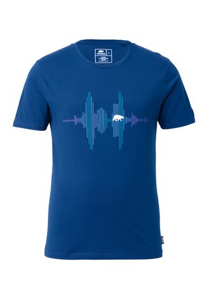 Navyblauwe katoenen T-shirt met een geluidsgolfgrafiek in turquoise, wit en paars aan de voorkant. Klassieke ronde hals en korte mouwen.