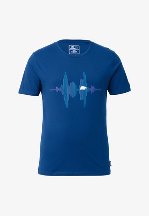 T-shirt in cotone blu navy con una grafica di onde sonore in verde acqua, bianco e viola sul davanti. Collo a giro classico e maniche corte.