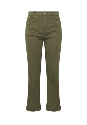 Pantalones cortos de cintura alta en verde oliva con botón frontal, trabillas para cinturón, bolsillos laterales y un ligero acampanado en el dobladillo.